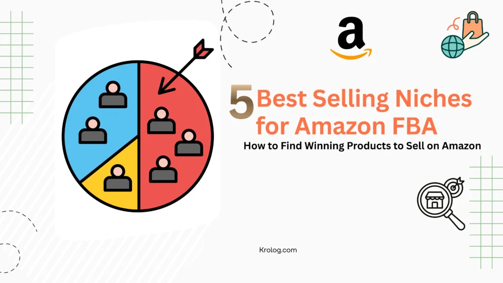 Infographic showing 5 best selling niches for Amazon FBA with a segmented audience chart and Amazon branding, explaining how to find winning products to sell online.