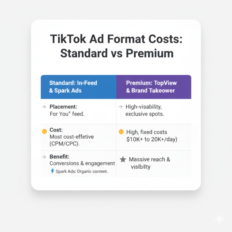 Comparison chart of TikTok Ad Format Costs: Standard In-Feed vs. Premium TopView and Brand Takeover pricing and benefits.