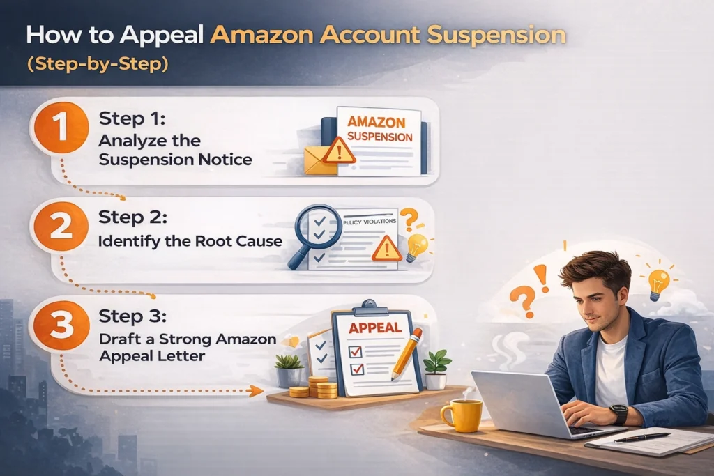 Step-by-step infographic explaining how to appeal an Amazon seller account suspension by analyzing the suspension notice, identifying the root cause, and drafting an appeal letter