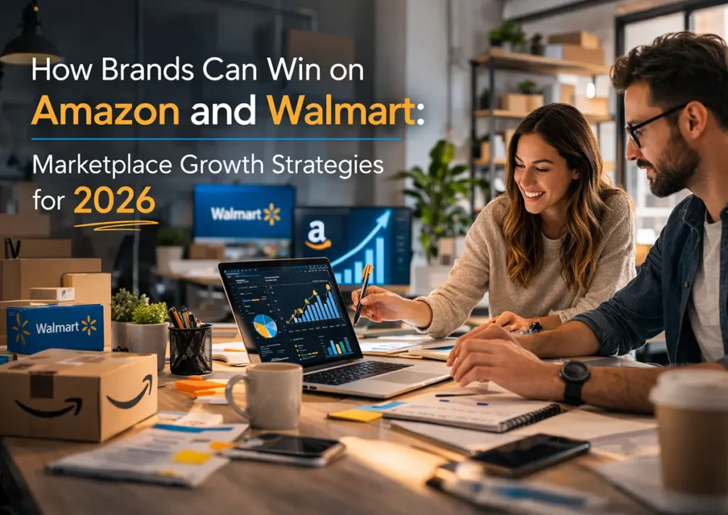 Amazon and Walmart marketplace growth strategy analysis for brands in 2026 showing eCommerce performance charts and sales planning