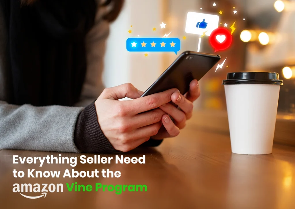 Amazon Vine Program reviews illustration showing customer ratings and feedback on mobile for sellers