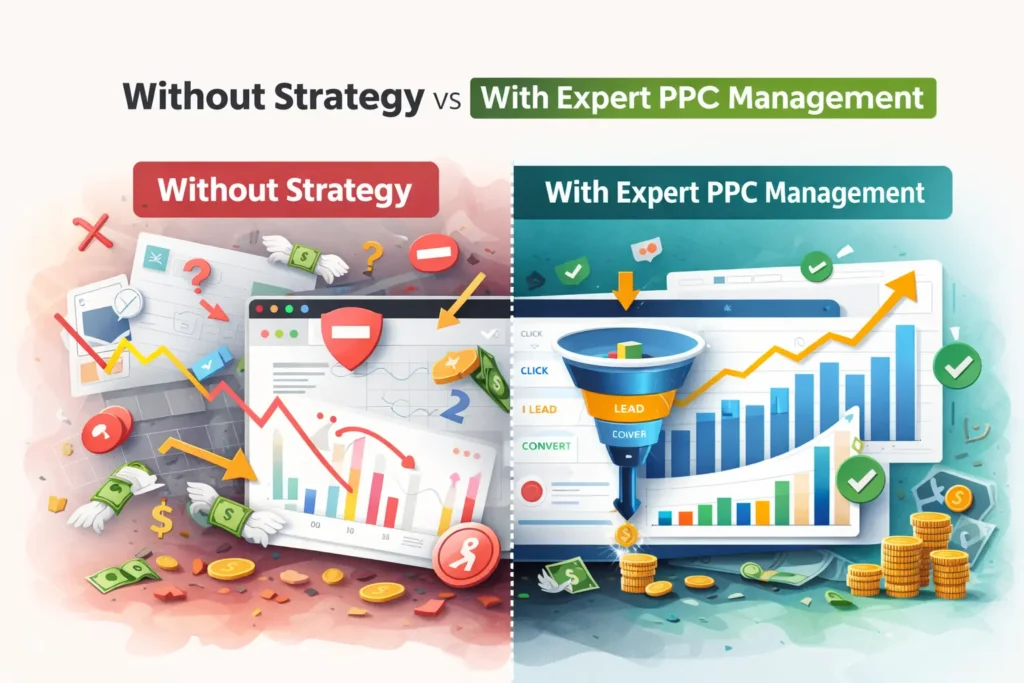 PPC chaos vs strategy comparison showing poor ad performance without strategy and improved results with expert PPC management