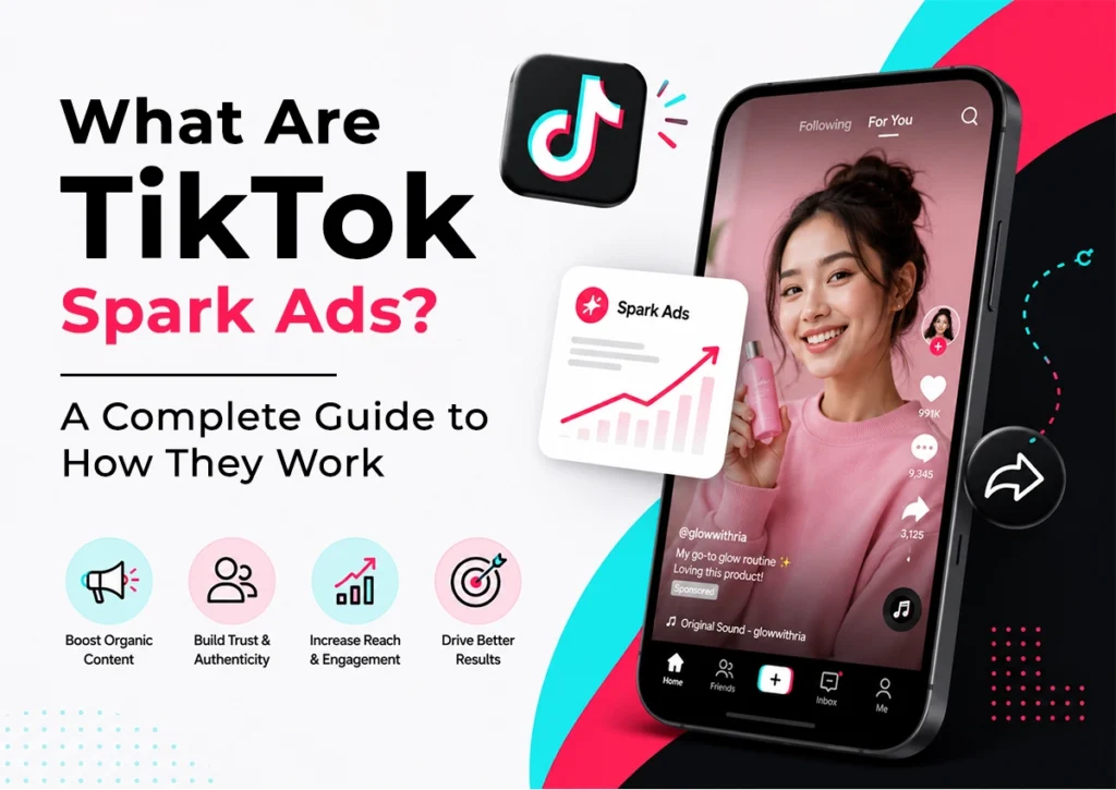 TikTok Spark Ads guide graphic showing influencer content promotion, engagement growth, and TikTok advertising strategy for brands