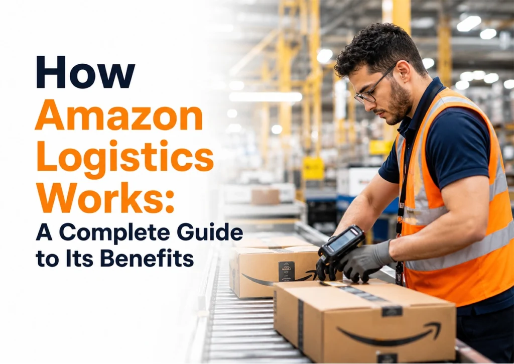How Amazon logistics works infographic showing a warehouse worker scanning Amazon packages in a fulfillment center, explaining the logistics process and benefits for sellers and customers.