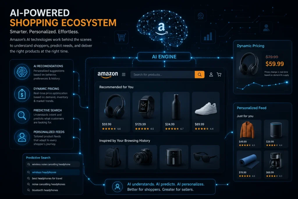 AI-powered Amazon shopping ecosystem dashboard showing personalized recommendations, predictive search, dynamic pricing, and smart ecommerce automation.