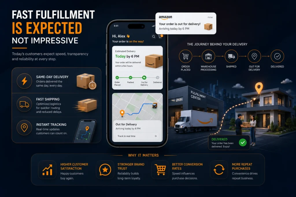 Fast fulfillment expectations in e-commerce showing same-day delivery, instant tracking, and Amazon-style logistics workflow for customer satisfaction