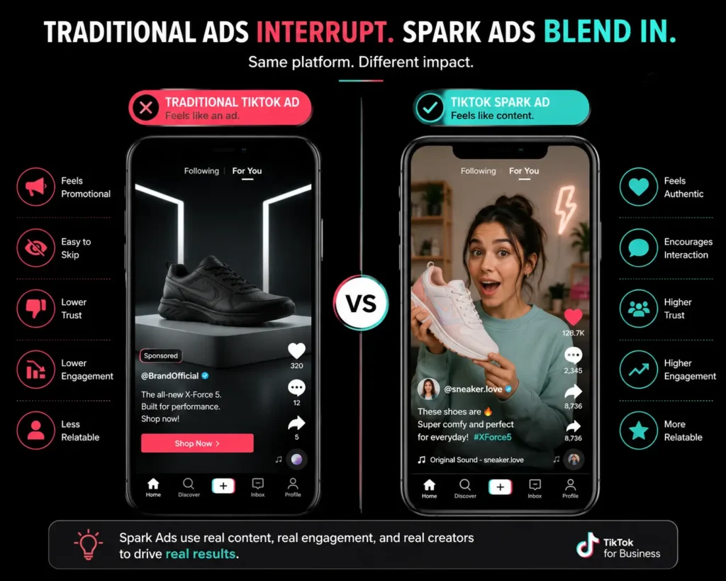 Comparison graphic showing TikTok Spark Ads vs traditional TikTok ads with differences in engagement, authenticity, trust, and user interaction
