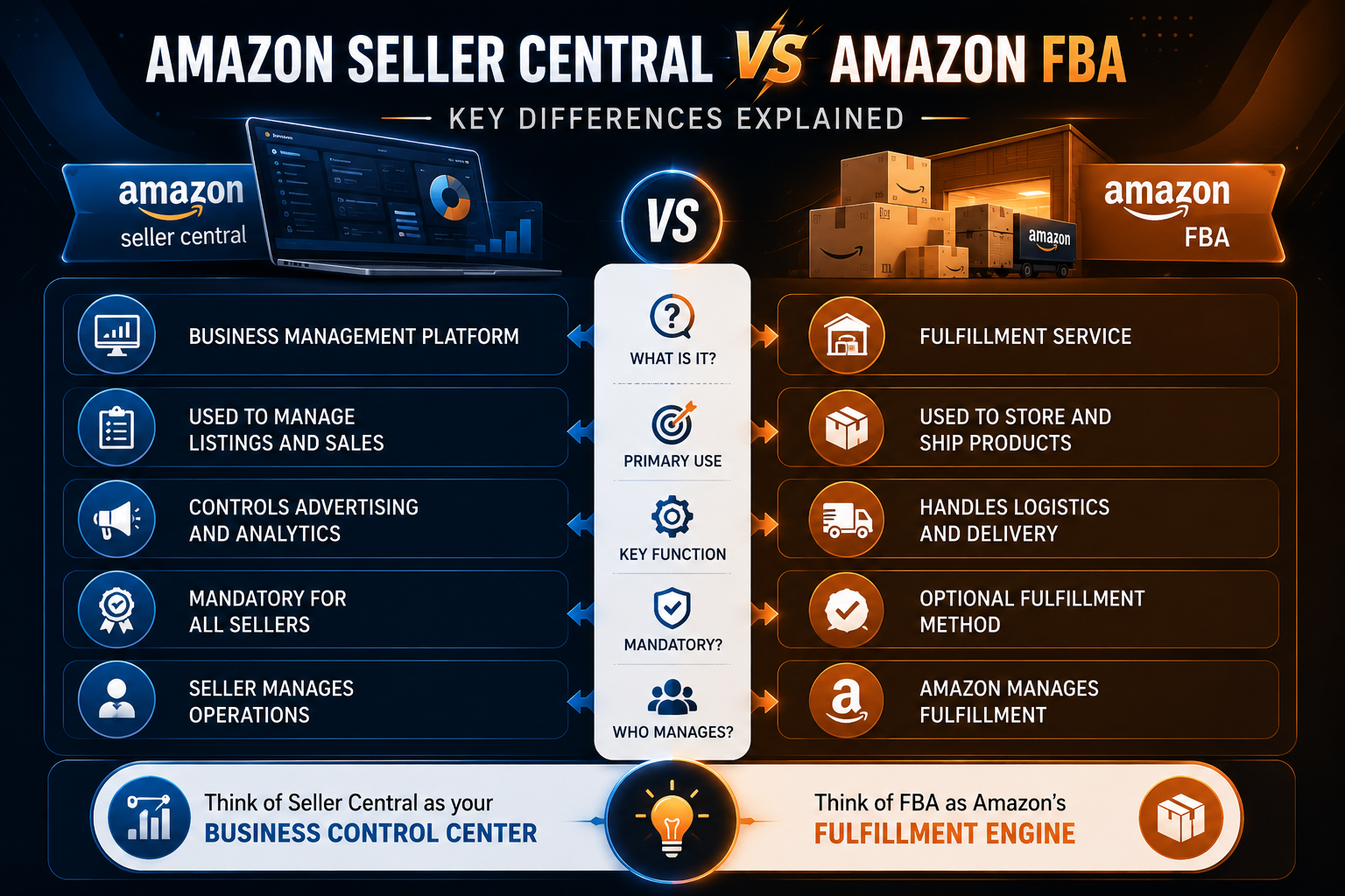 Amazon Seller Central vs Amazon FBA comparison infographic showing key differences between seller management and fulfillment services