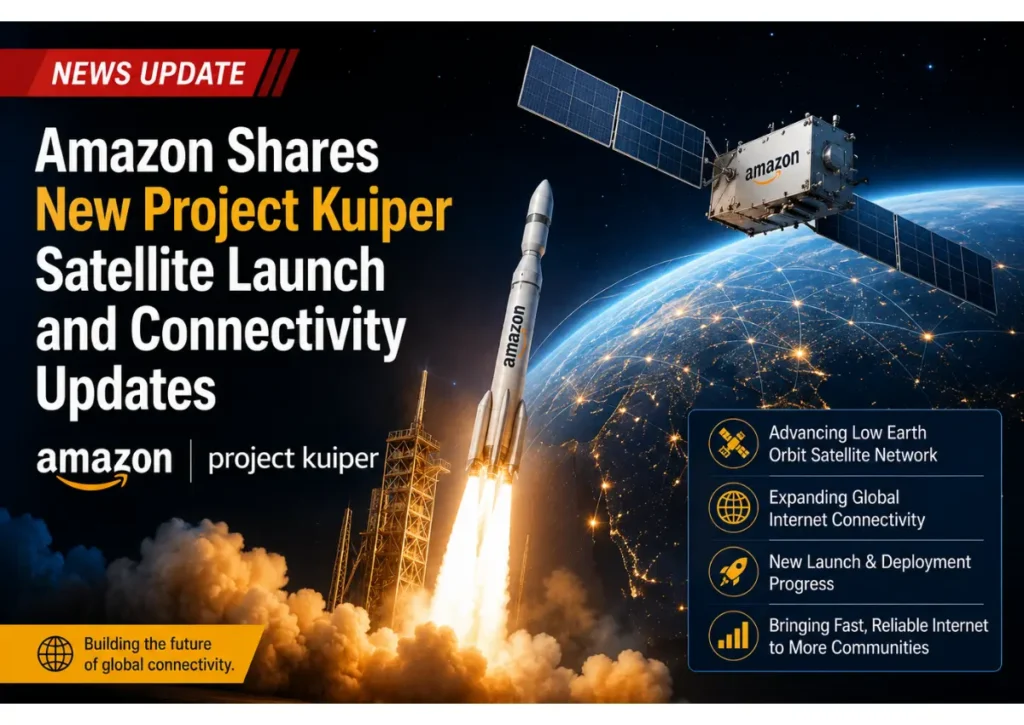 Amazon Project Kuiper satellite launch and global internet connectivity updates graphic showcasing Amazon’s low Earth orbit satellite network expansion