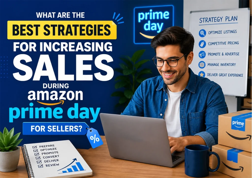 Amazon seller reviewing Prime Day 2026 sales strategies on a laptop, with a strategy plan whiteboard showing: optimise listings, competitive pricing, promote and advertise, manage inventory, and deliver great experience — surrounded by Amazon Prime shipping boxes.