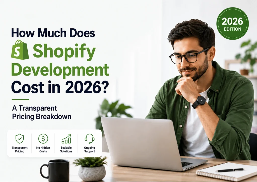 Shopify development cost in 2026 explained with transparent pricing breakdown, custom Shopify store development, ecommerce website design, and Shopify development services.