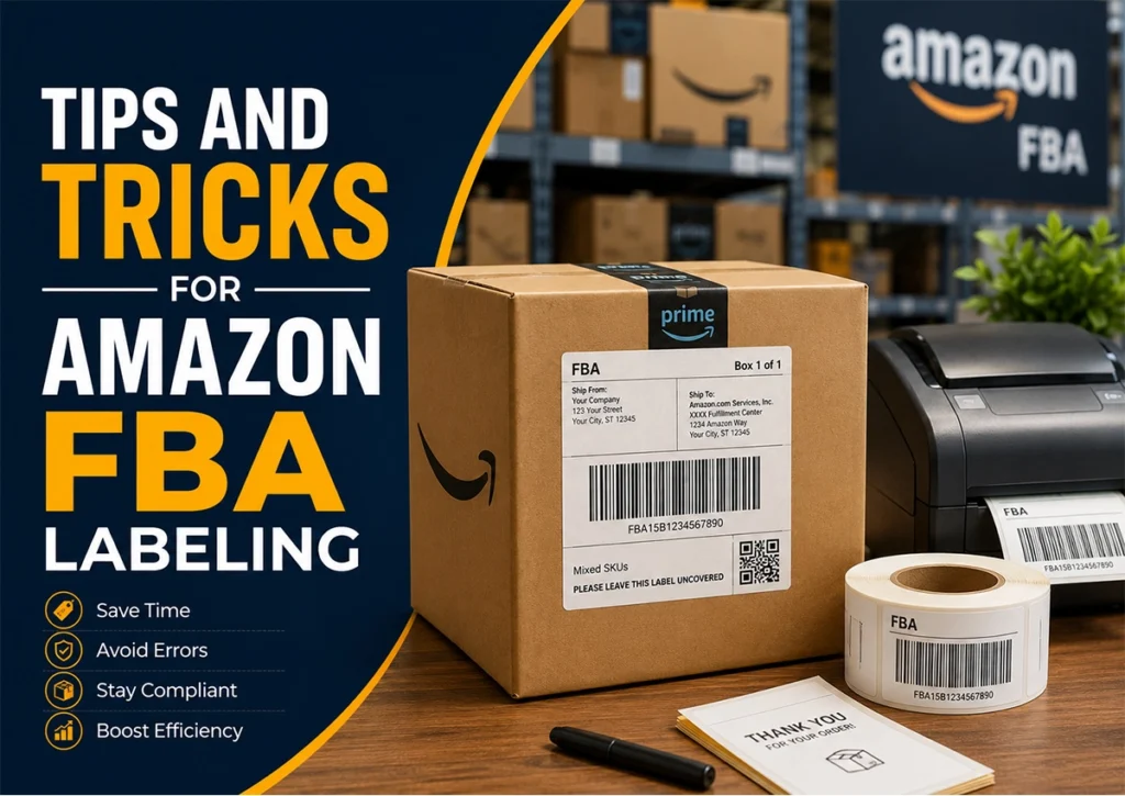 Amazon FBA labeling guide showing a labeled shipping box, barcode labels, thermal printer, and warehouse setup with tips for accurate Amazon FBA product labeling and compliance.
