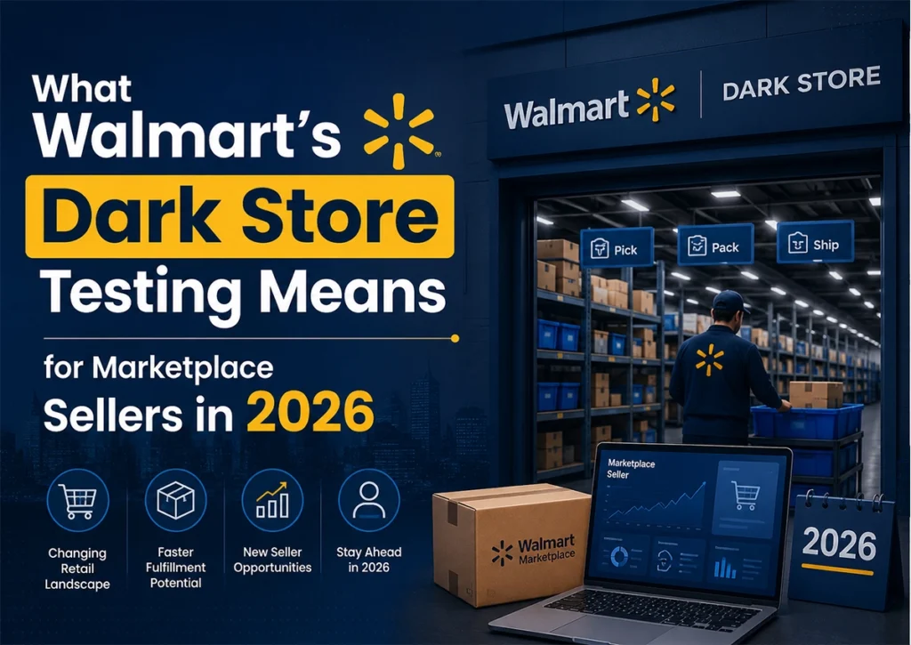 Walmart dark store testing infographic showing how Walmart Marketplace sellers can benefit from faster fulfillment, improved delivery speed, inventory optimization, and new ecommerce growth opportunities in 2026.