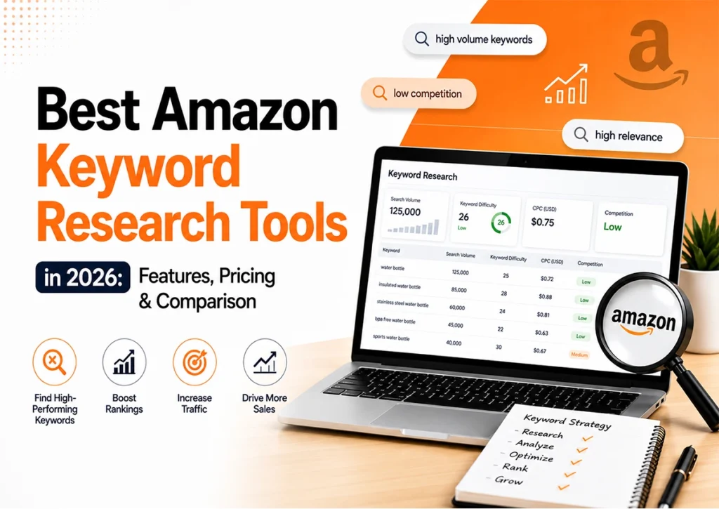 Best Amazon Keyword Research Tools in 2026 comparison showing features, pricing, and keyword research dashboard