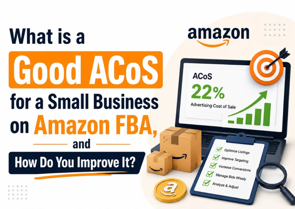 Amazon FBA ACoS optimization infographic showing a 22% Advertising Cost of Sale (ACoS) with tips to improve Amazon PPC performance through listing optimization, better targeting, higher conversions, smarter bidding, and campaign analysis.