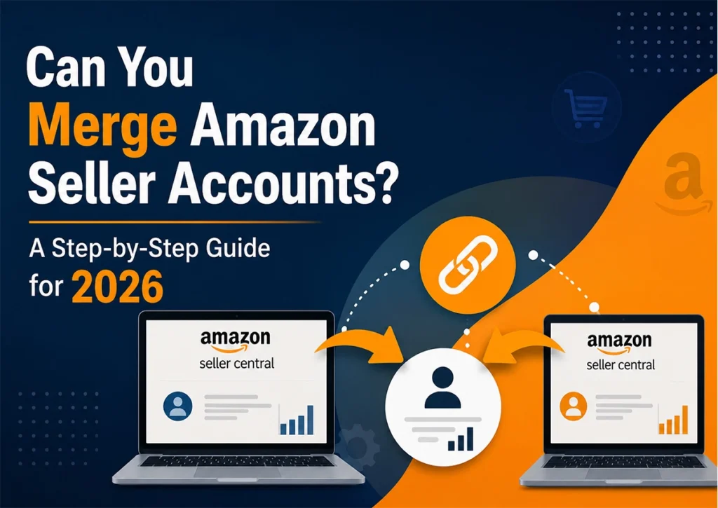 Illustration showing two Amazon Seller Central accounts connected together, explaining whether Amazon seller accounts can be merged and the account management process.