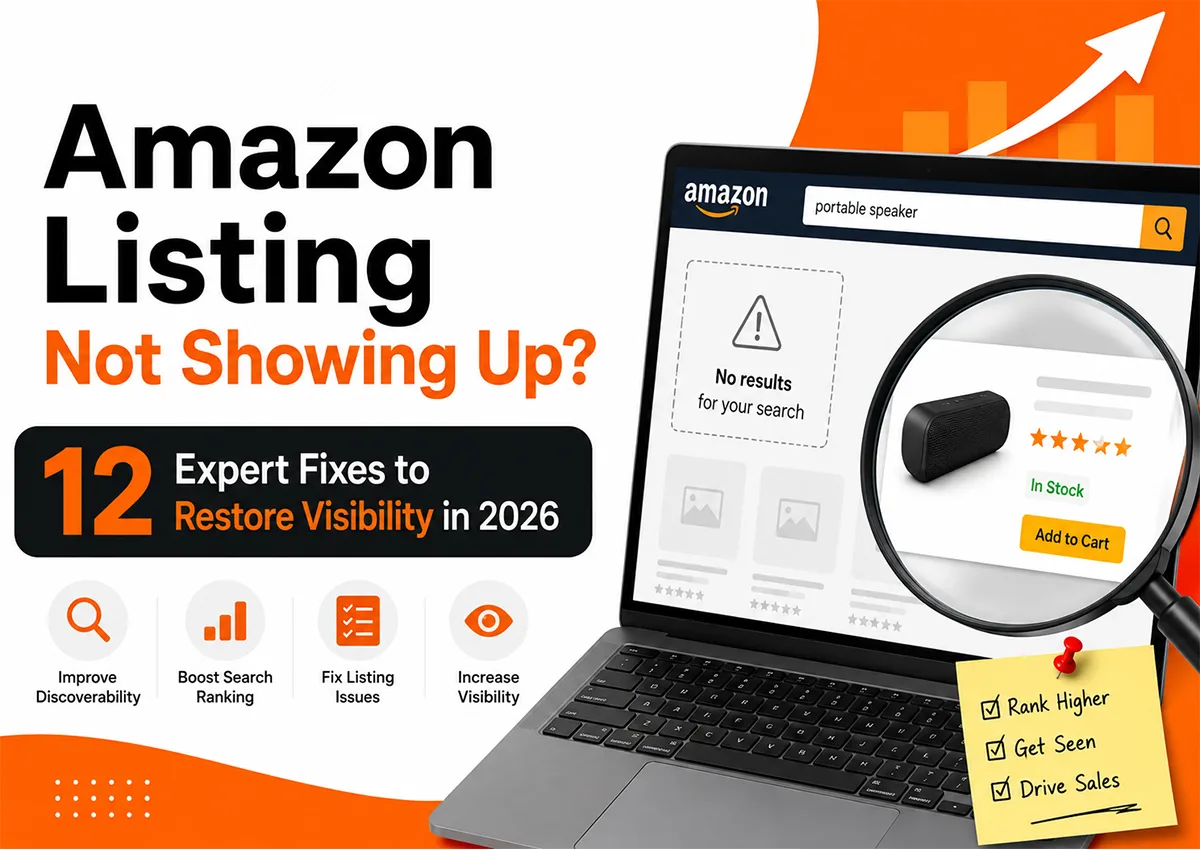 Amazon listing not showing up? Infographic highlighting 12 expert fixes to restore Amazon product visibility, improve search rankings, resolve listing issues, and increase sales in 2026.