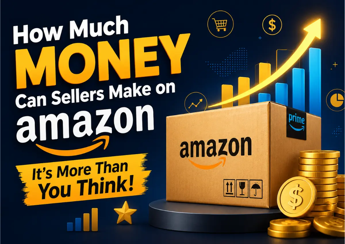 Illustration showing Amazon seller earnings with an Amazon box, growth chart, coins, and the text "How Much Money Can Sellers Make on Amazon?" representing Amazon FBA profit, revenue, and business growth.