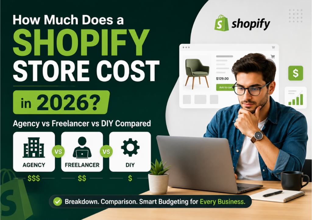 How much does a Shopify store cost in 2026? Agency vs freelancer vs DIY Shopify development cost comparison for ecommerce businesses.