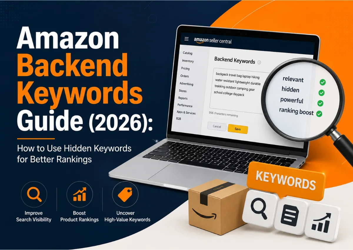 Amazon Backend Keywords Guide 2026 infographic explaining how hidden backend keywords improve Amazon SEO, search visibility, keyword indexing, and product rankings in Amazon Seller Central.