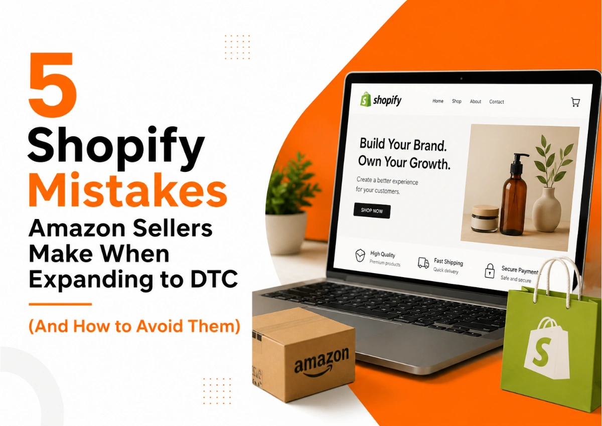 Illustration showing the five most common Shopify mistakes Amazon sellers make when expanding to a direct-to-consumer (DTC) store, featuring Amazon and Shopify branding.