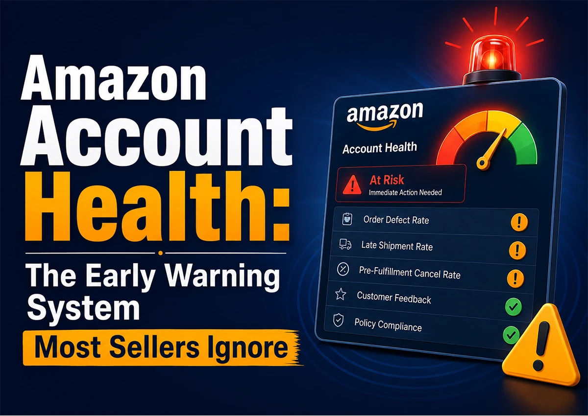 Amazon Account Health dashboard showing at-risk warning indicators, order defect rate, late shipment rate, customer feedback, and policy compliance for Amazon sellers.