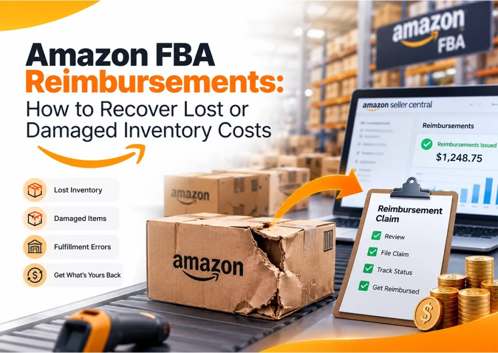 Infographic on Amazon FBA reimbursements showing how to recover costs from lost inventory, damaged items, and fulfillment errors through the Amazon Seller Central reimbursement claim process