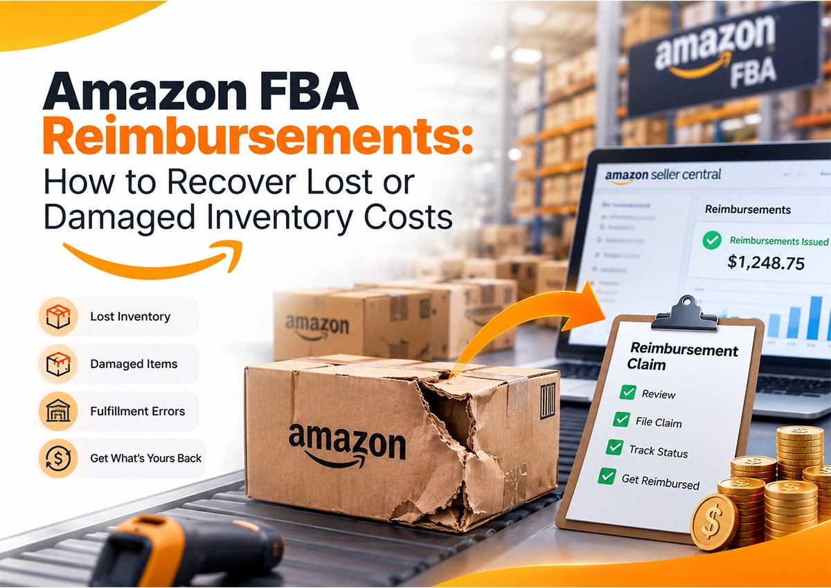 Infographic on Amazon FBA reimbursements showing how to recover costs from lost inventory, damaged items, and fulfillment errors through the Amazon Seller Central reimbursement claim process