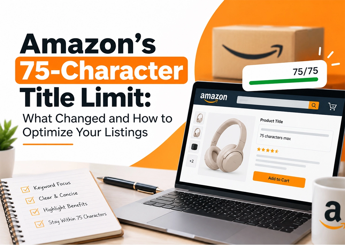 Amazon 75-character title limit infographic showing an optimized product title, a 75/75 character counter, and a checklist covering keyword focus, clarity, benefits, and character limit