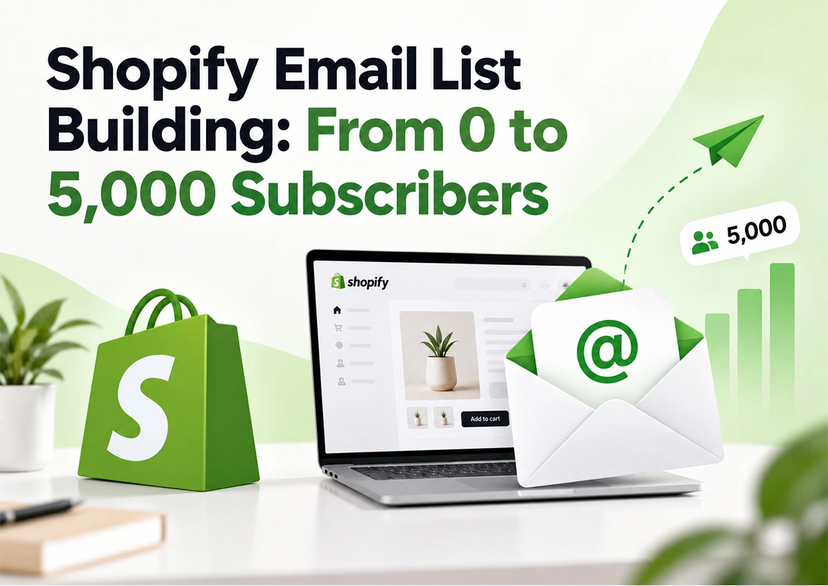Shopify email list building infographic showing growth from 0 to 5,000 subscribers, with a Shopify store, email signup icon, and rising subscriber growth chart
