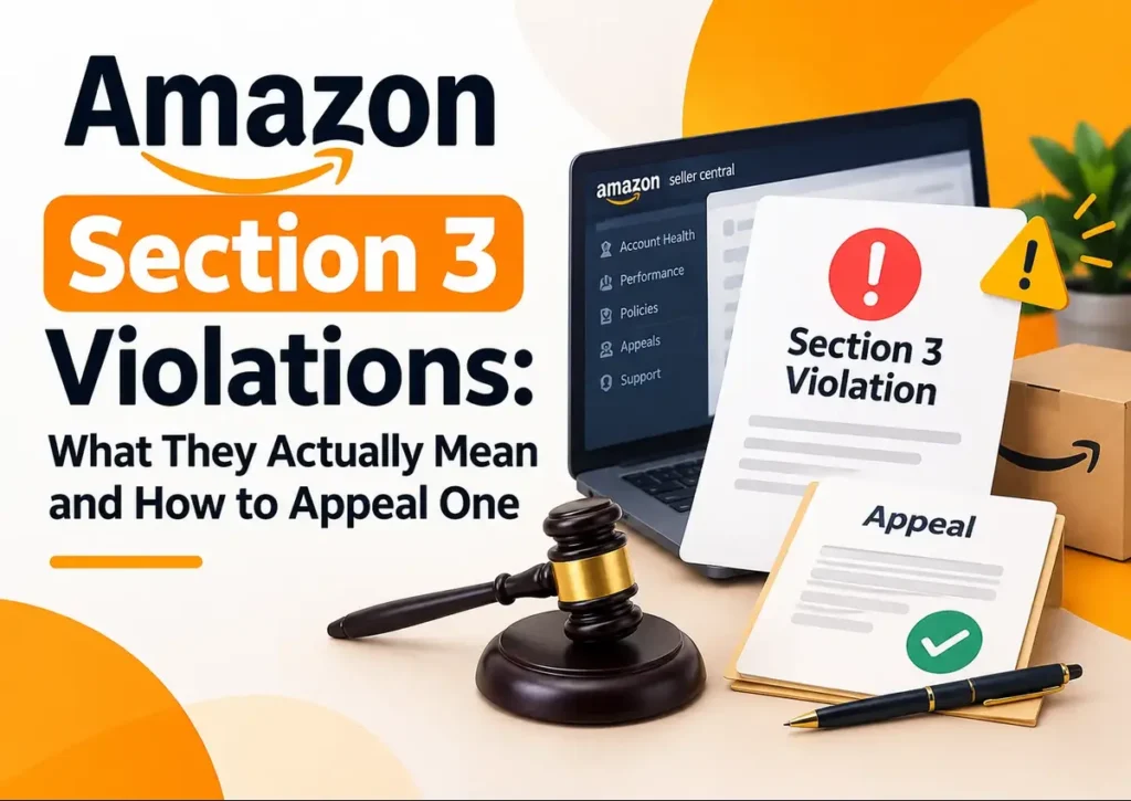 Amazon Section 3 violation notice shown in Seller Central alongside an appeal document and gavel, illustrating what Section 3 violations mean and how sellers can appeal them