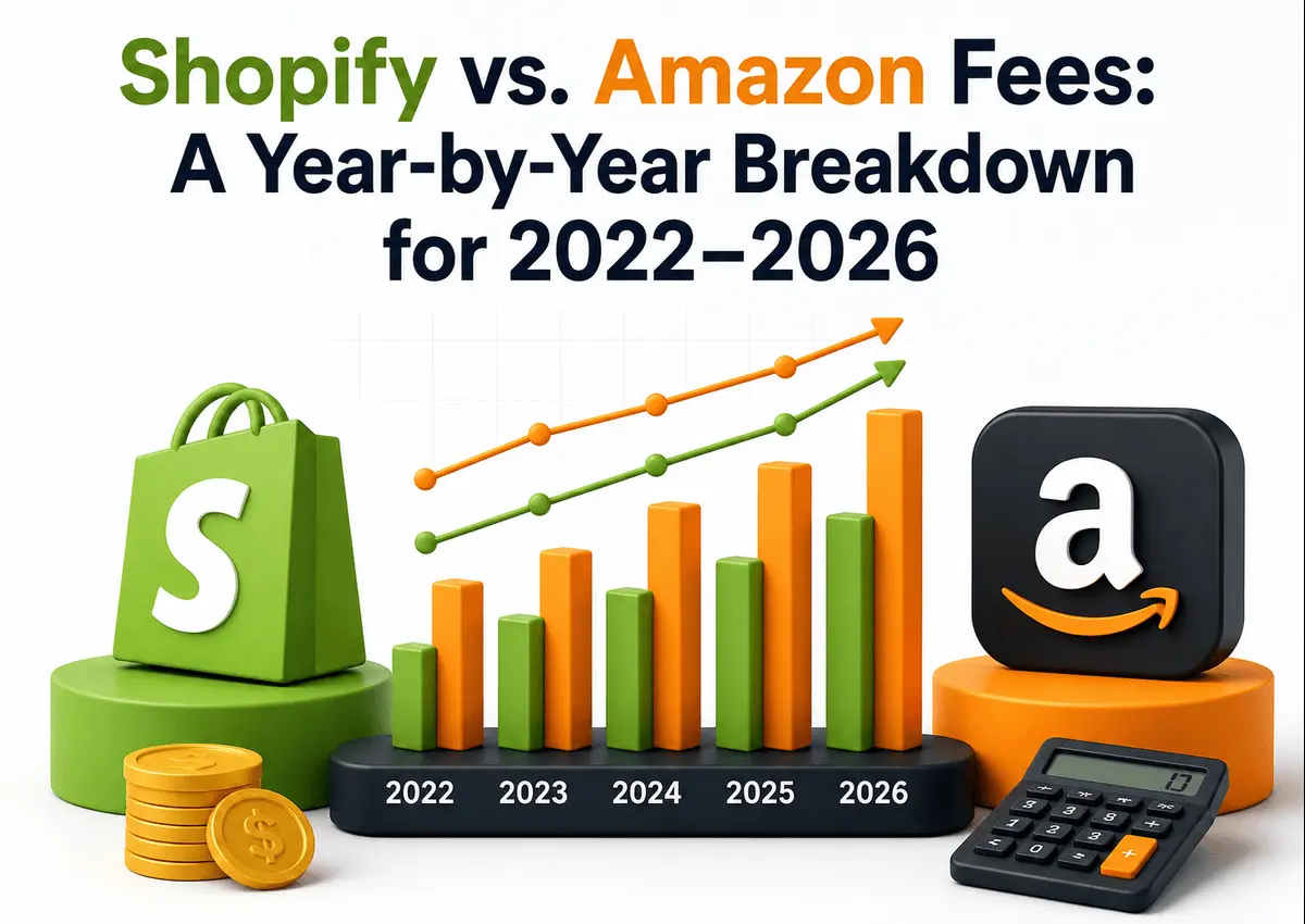 Shopify vs Amazon fees comparison chart showing a year-by-year cost breakdown from 2022 to 2026, with rising fee trend lines for both platforms