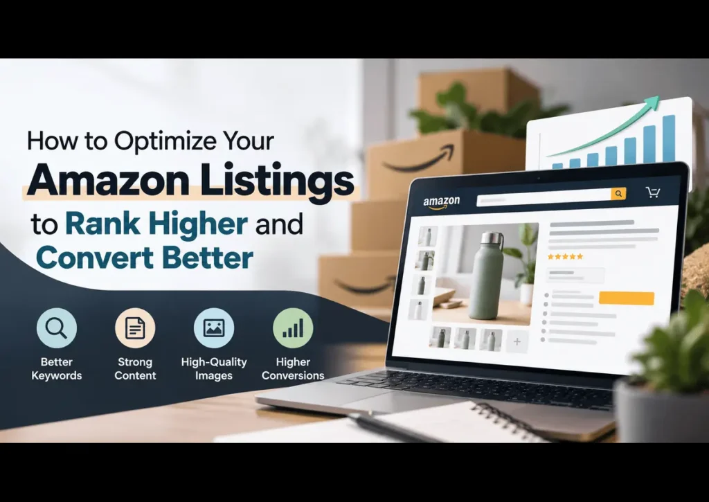 Amazon listing optimization guide showing product keywords, strong content, high-quality images, and conversion strategies to improve Amazon search rankings and sales.