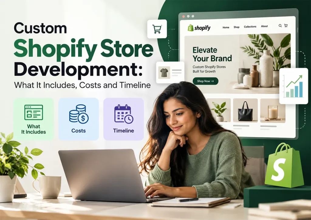 Woman working on a laptop beside a custom Shopify store mockup showing what development includes, costs and timeline