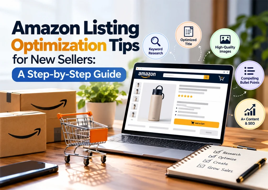 Amazon listing optimization tips for new sellers featuring keyword research, optimized titles, product images, bullet points, and A+ Content.