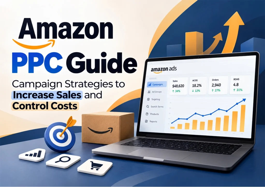 Amazon PPC guide infographic showing advertising campaign performance, sales growth, ACoS, ROAS, keyword targeting, and strategies to increase Amazon sales while controlling advertising costs.