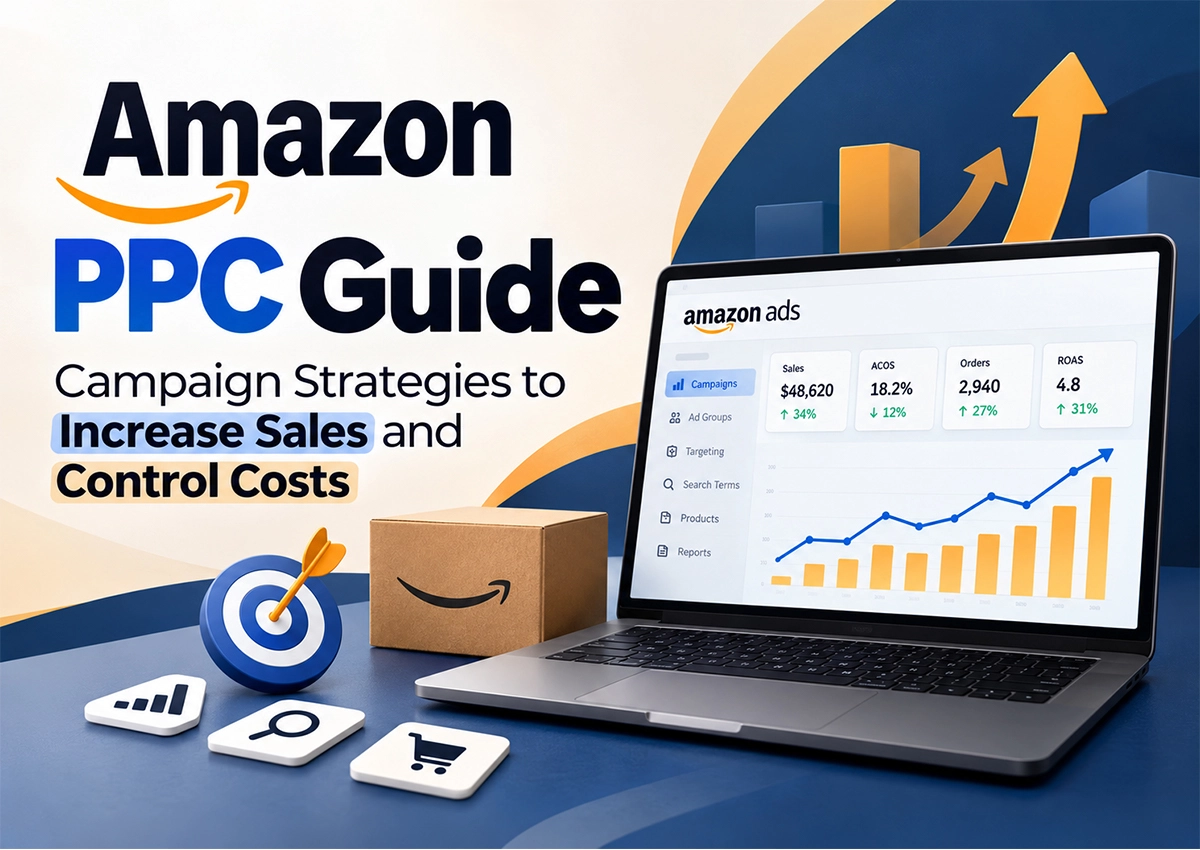 Amazon PPC guide infographic showing advertising campaign performance, sales growth, ACoS, ROAS, keyword targeting, and strategies to increase Amazon sales while controlling advertising costs.