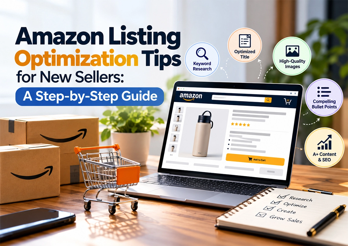 Amazon listing optimization tips for new sellers featuring keyword research, optimized titles, product images, bullet points, and A+ Content.