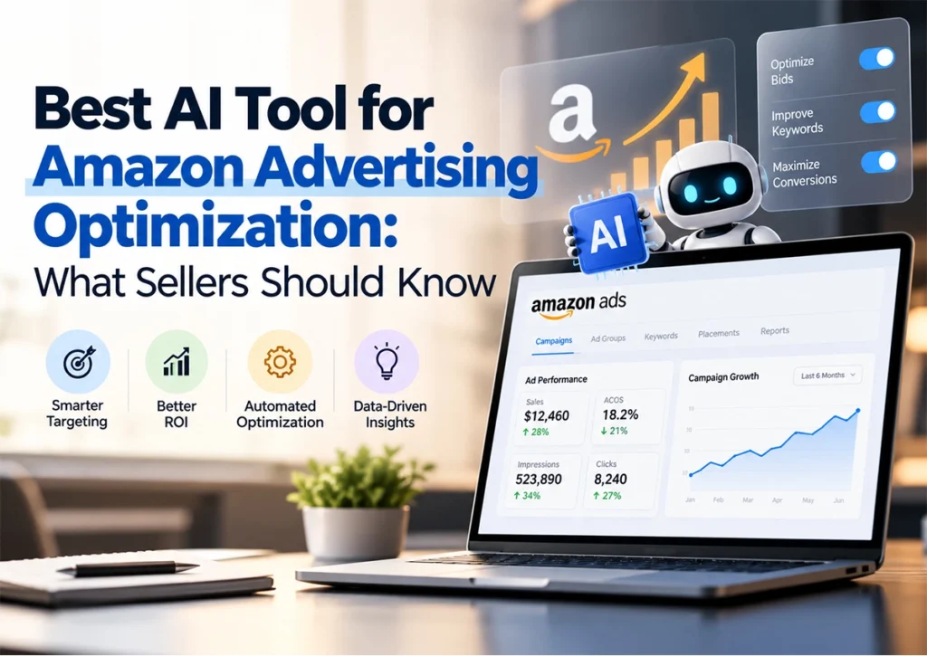 Best AI tools for Amazon advertising optimization showing AI-powered PPC management, bid optimization, keyword targeting, and campaign performance analytics.