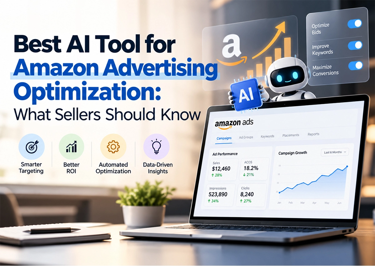 Best AI tools for Amazon advertising optimization showing AI-powered PPC management, bid optimization, keyword targeting, and campaign performance analytics.