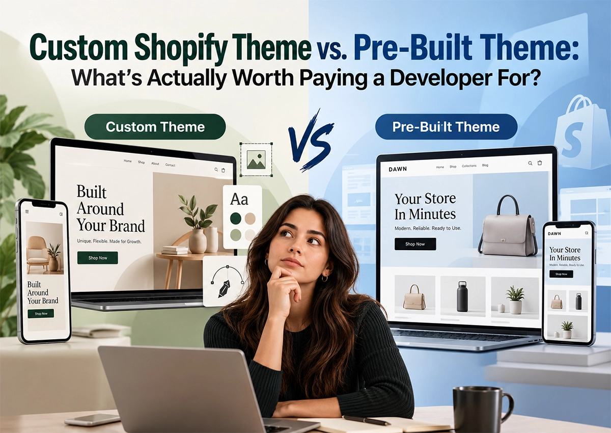 Custom Shopify theme vs pre-built theme comparison showing store design options, customization, and responsive layouts