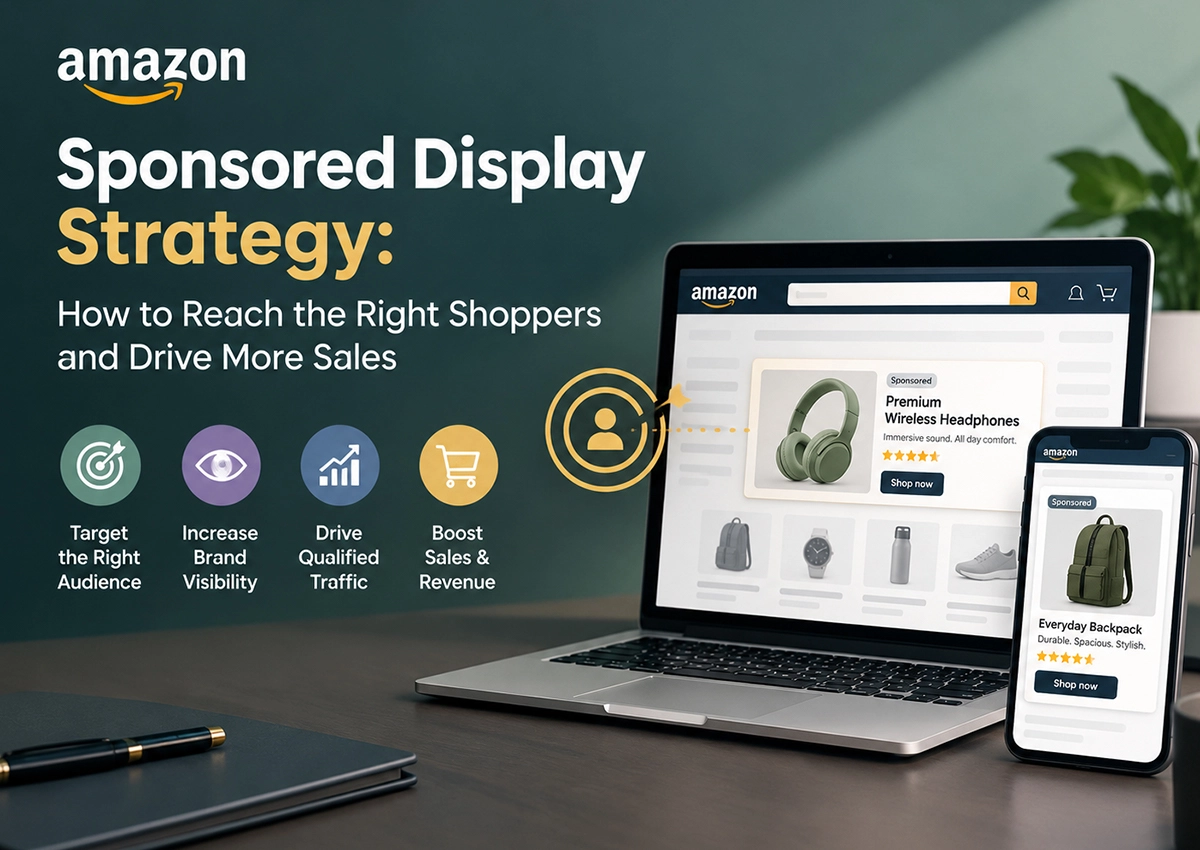 Amazon Sponsored Display advertising strategy showing targeted product ads on desktop and mobile devices to increase brand visibility, reach relevant shoppers, and drive sales.